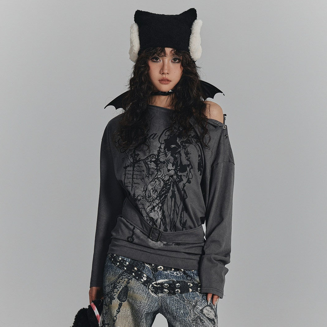 Slanted Shoulder Long Sleeve T-Shirt & Belt