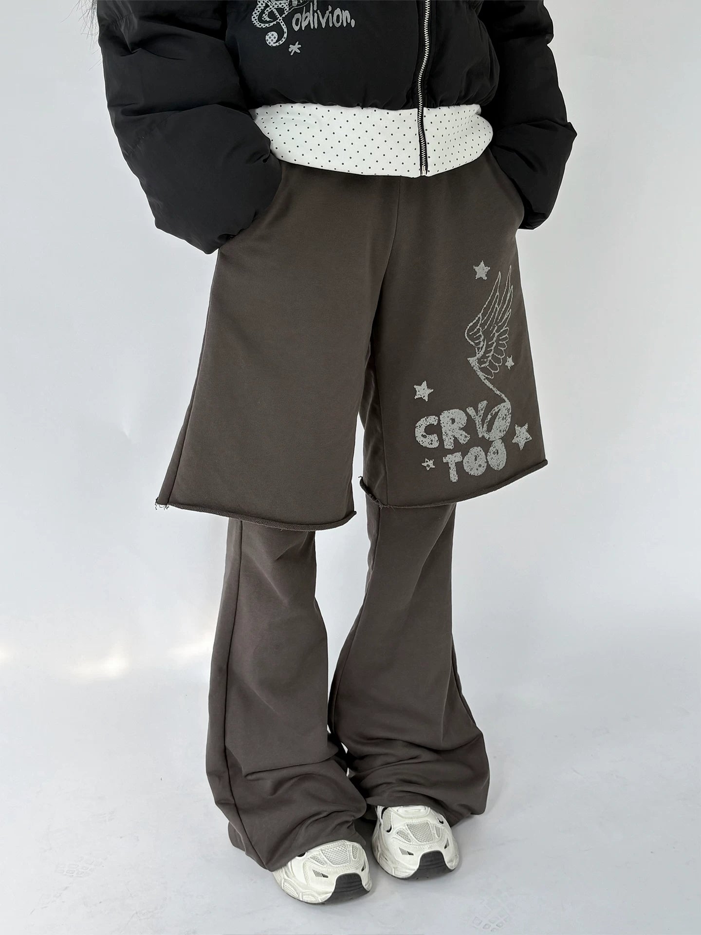 Fake Layered Half Flare Low Rise Pants