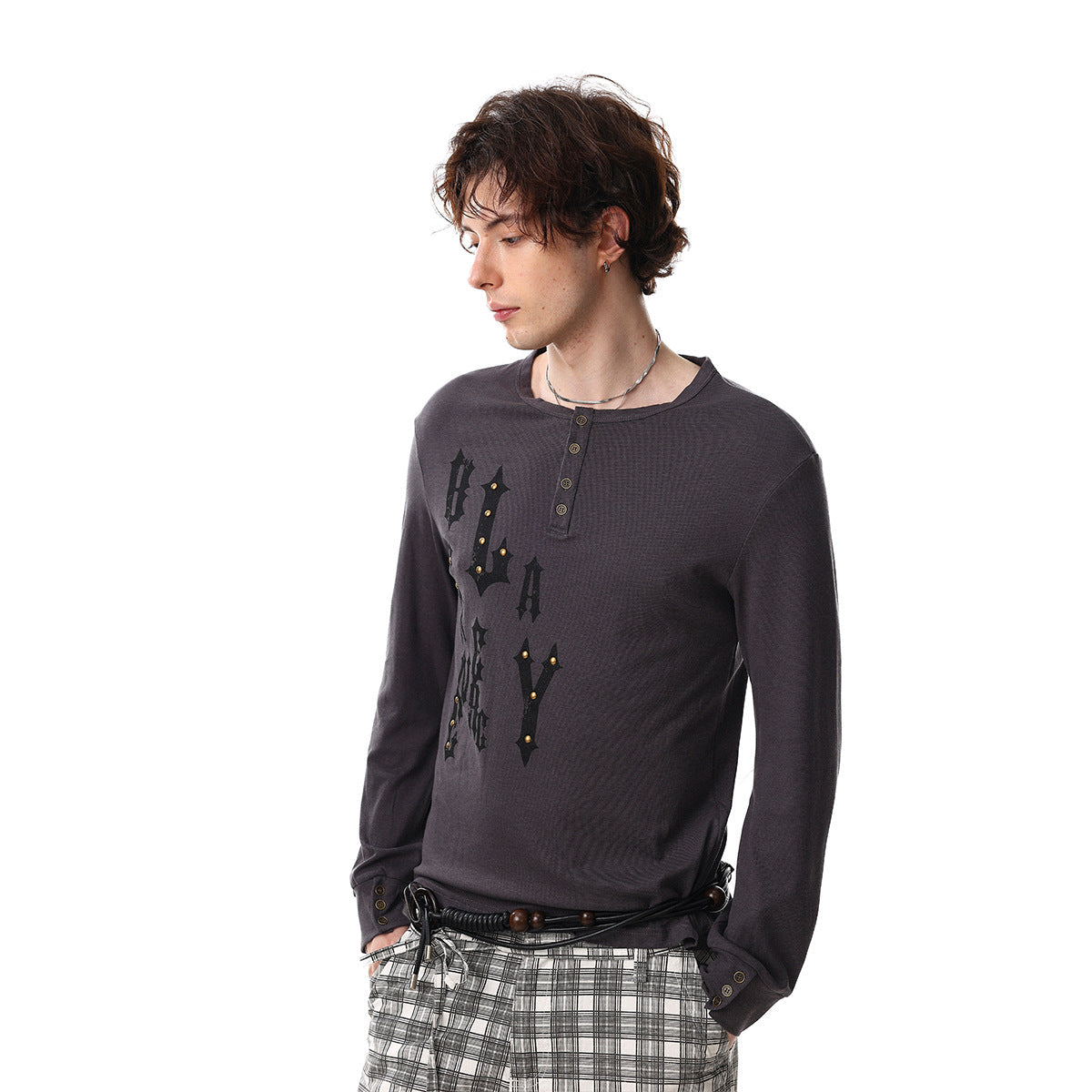 Henley Letter Studs Detail Long Sleeve T-Shirt