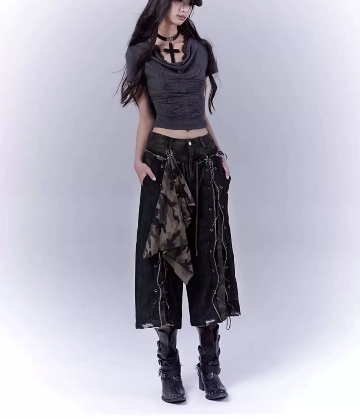 Cutout Cross Print Lace Short Sleeve T-Shirt