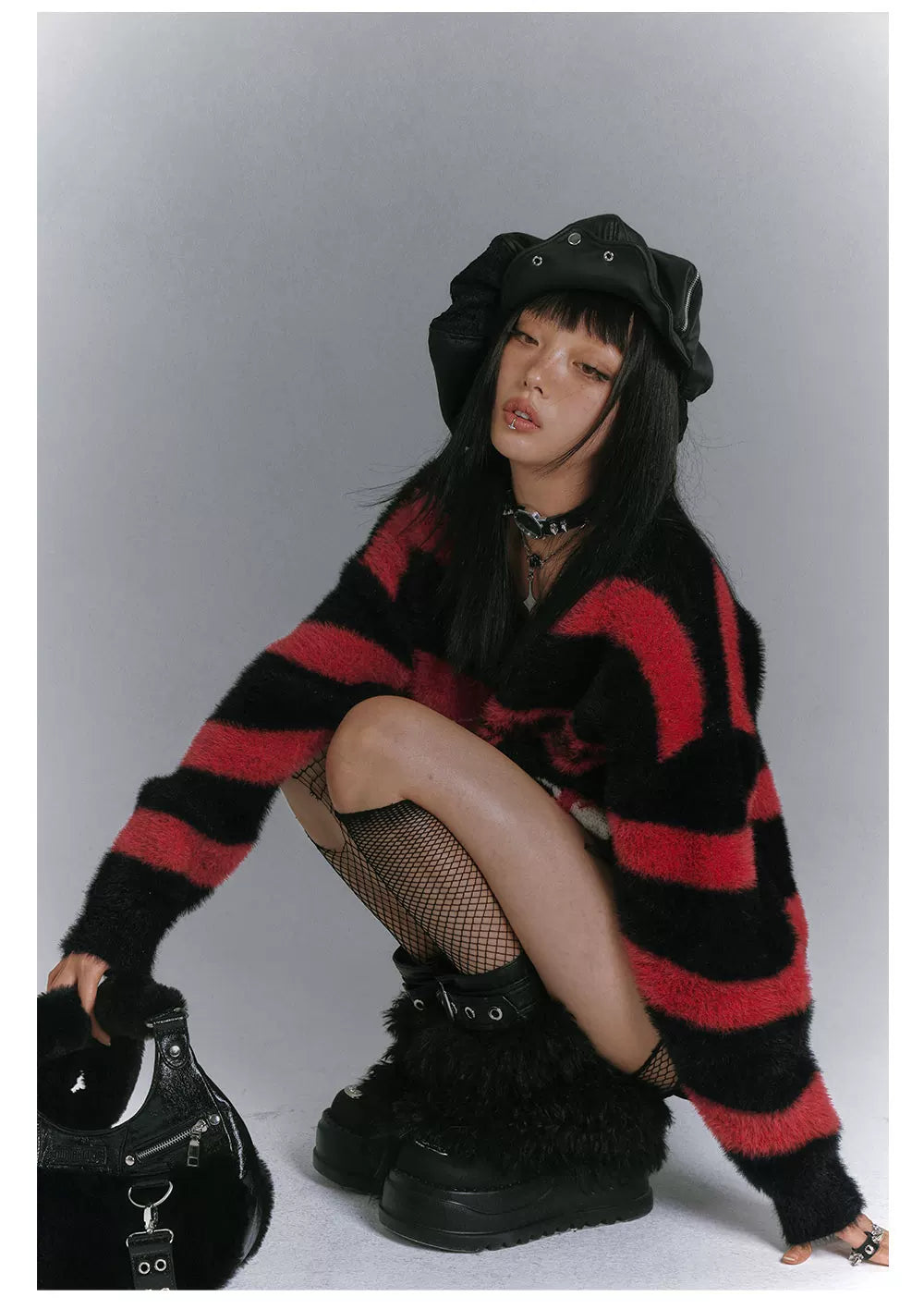 Mohair Spider Pattern Stripe Oversize V-Neck Knit Sweater