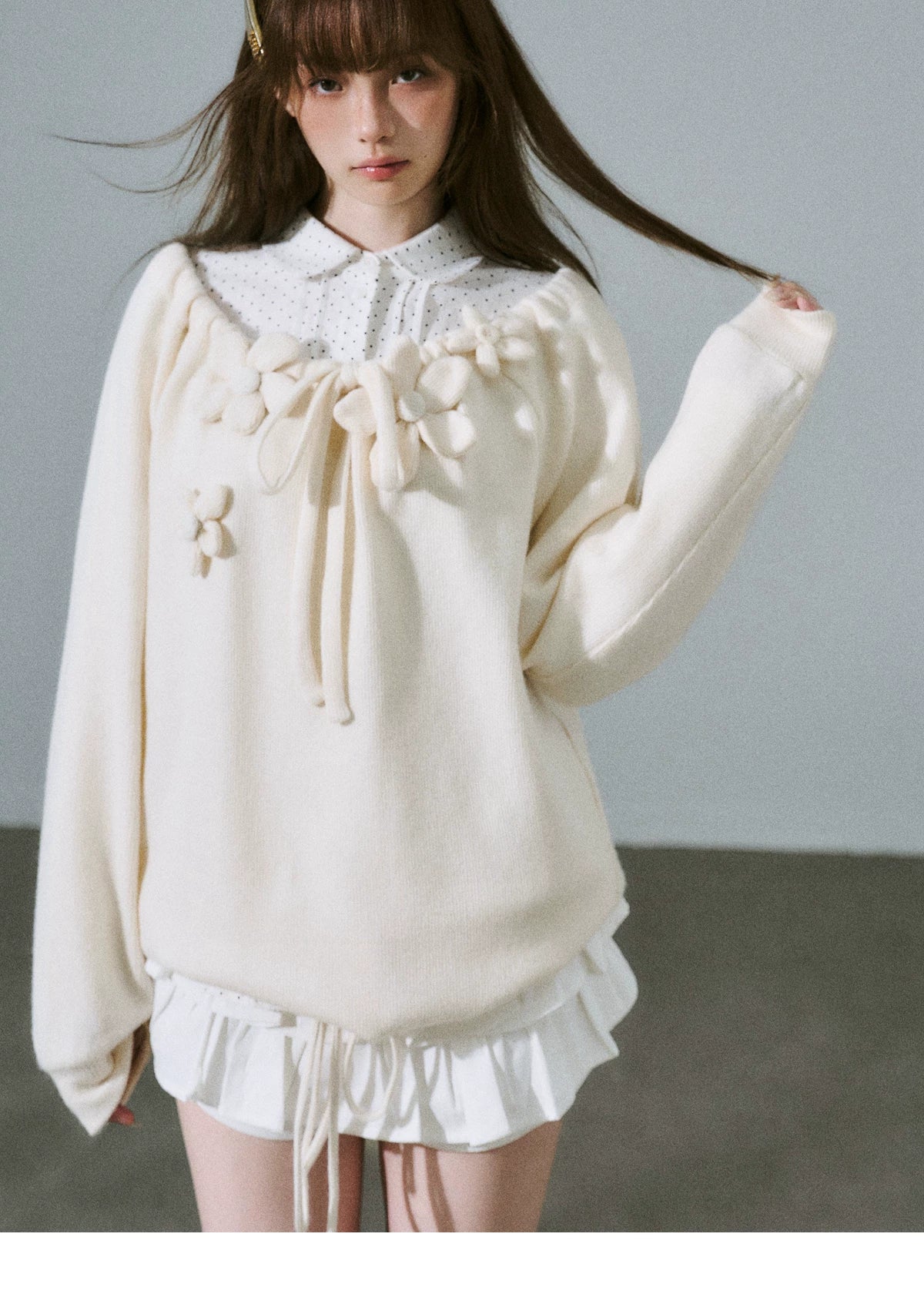 Flower Applique Drawstring Detail Sweatshirt