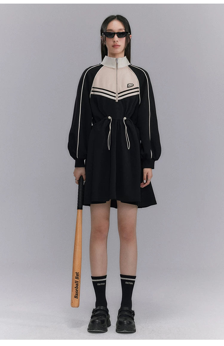 Embroidery Color Blocking Sporty Long Sleeve Jersey Dress