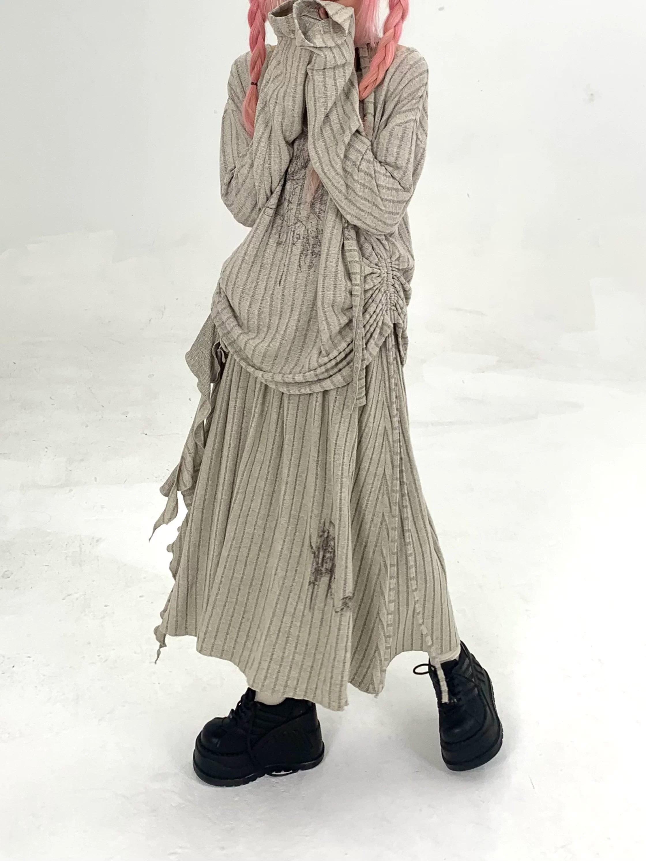 Ribbed Letter Print Strap Detail Oversize Knit Sweater