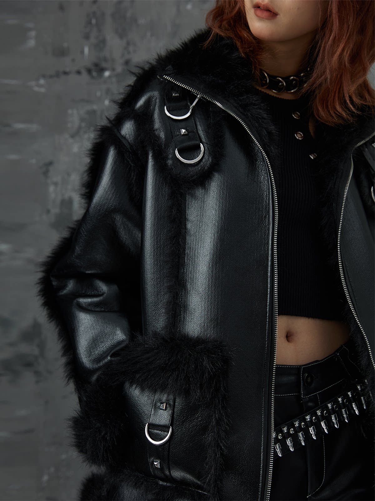 Punk Oversize Metal-Accent Shearling Jacket