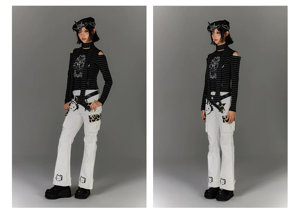 Stripe Graphic Print Cutout High-Neck Long Sleeve T-Shirt & Stripe Star Scarf