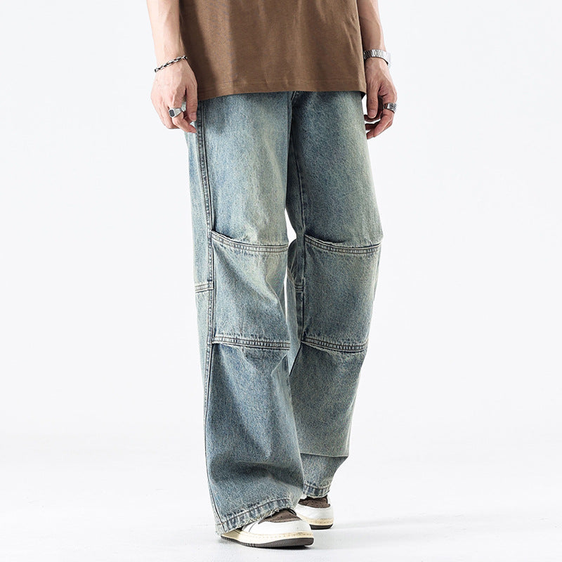Washed Pleats Patchwork Wide Leg Denim Jeans