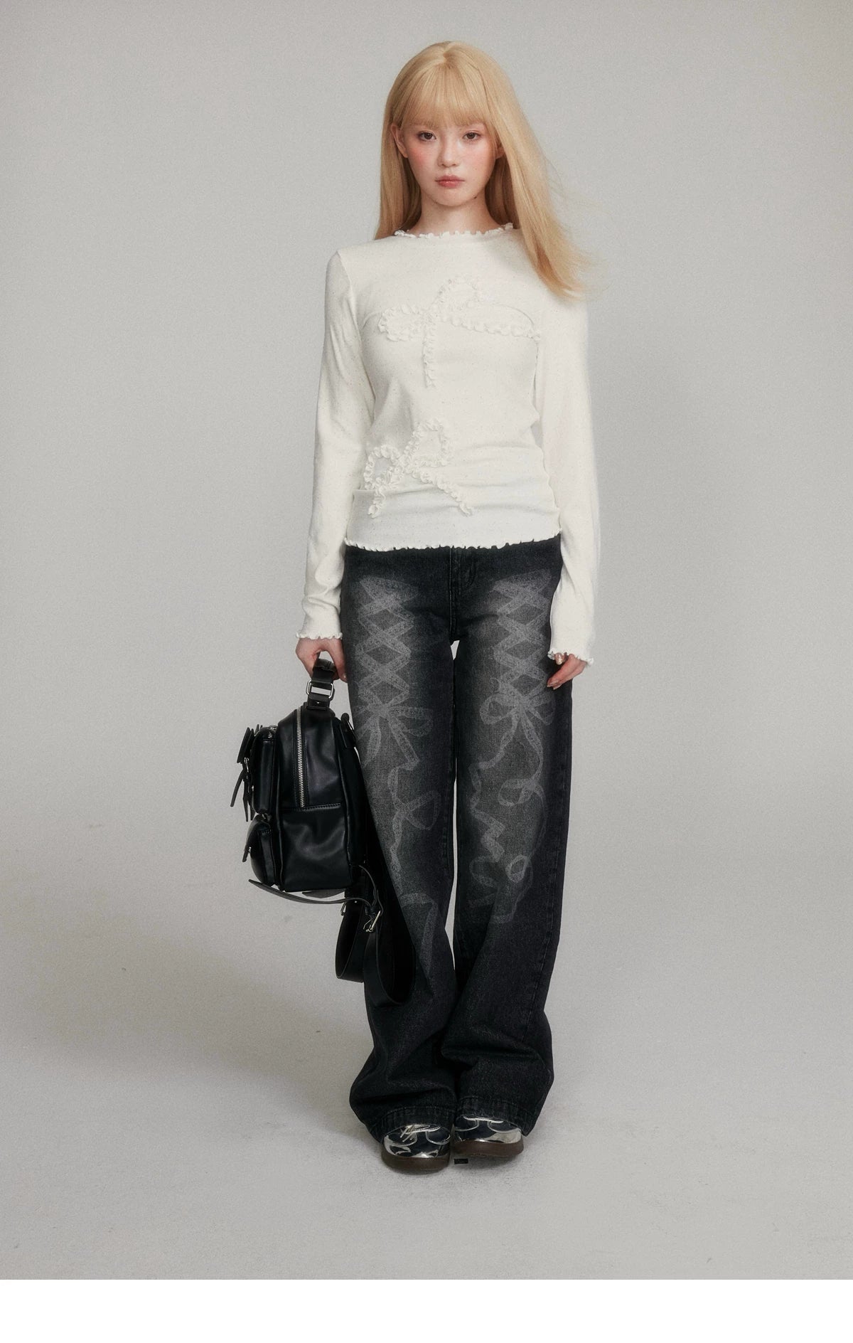 Dot Pattern Bow Lyocell Thermal Long Sleeve T-Shirt
