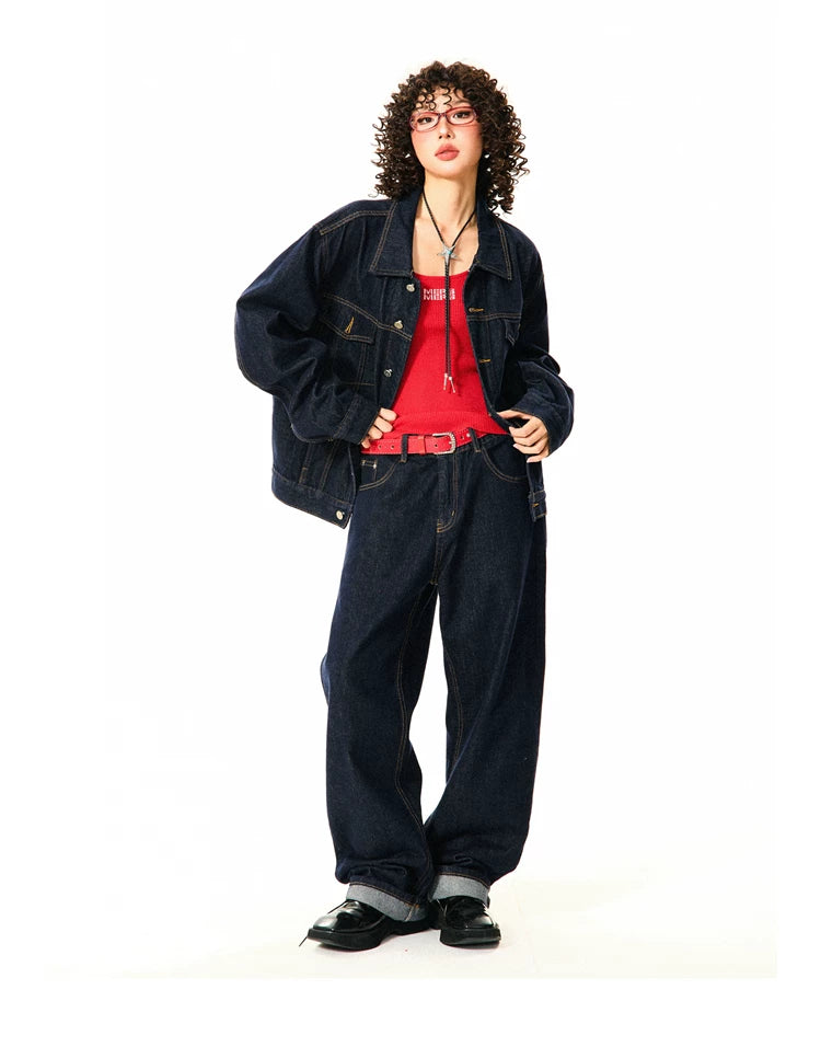 Button Oversize Denim Jacket & Wide Leg Denim Jeans Setup