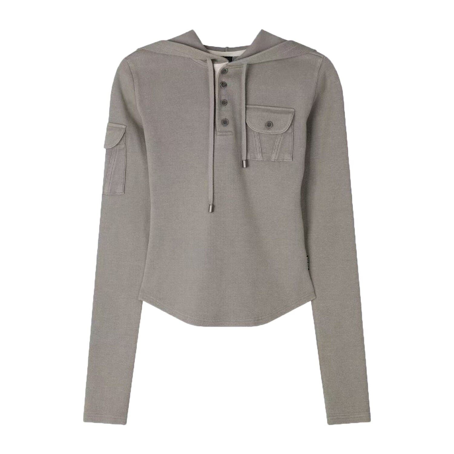 Ribbed Henley Fitted Hooded Long Sleeve T-Shirt