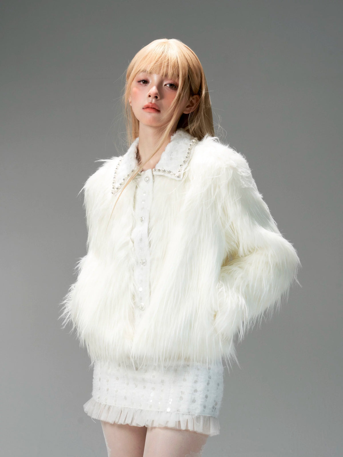 Eco Fur Warm Jacket & Short Skirt & Long Skirt Setup