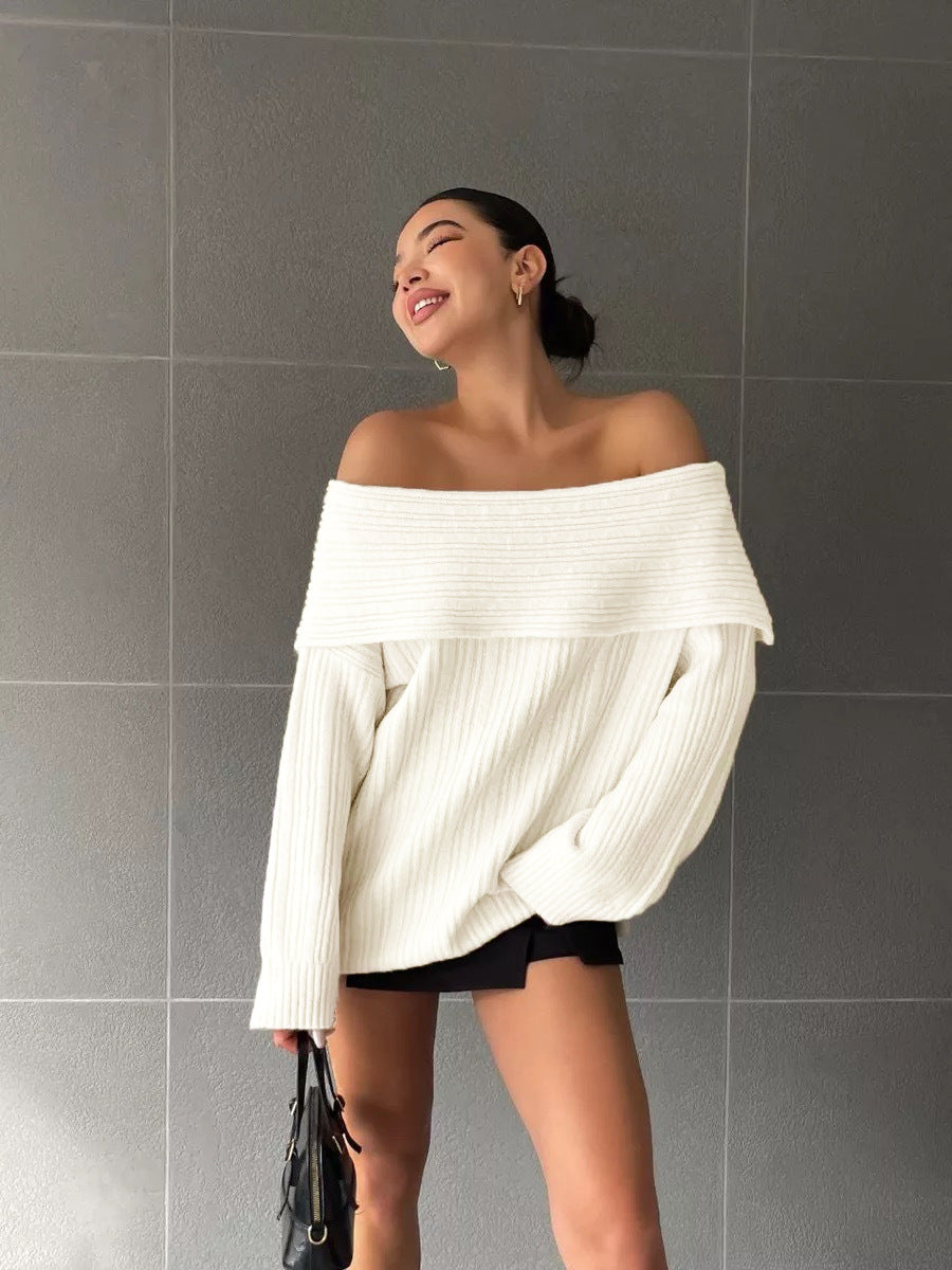 One-line neck off-the-shoulder knitted sweater