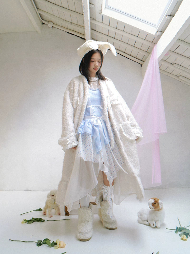 Plush Bow Ruffle Long Coat