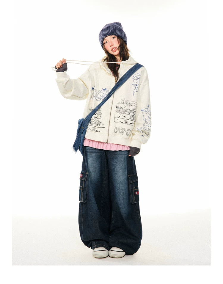 Graphic Print Oversize Zipper Hoodie