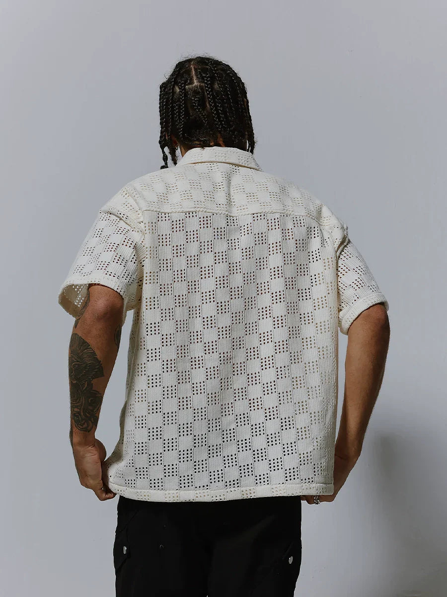 Cutout Cuban-Collar Short Sleeve Shirt