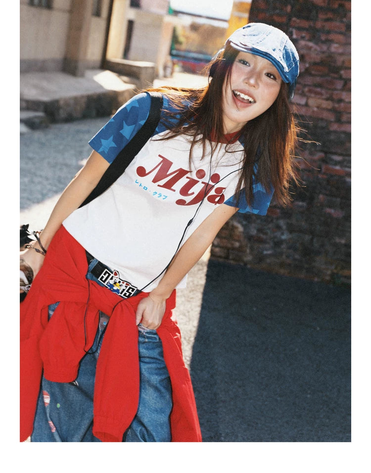 Raglan Sleeve Letter Print Fitted Short Sleeve T-Shirt