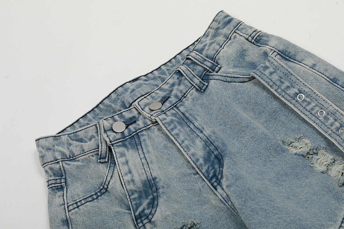 Washed Curved Multi Pocket Wide Leg Cargo Denim Jeans