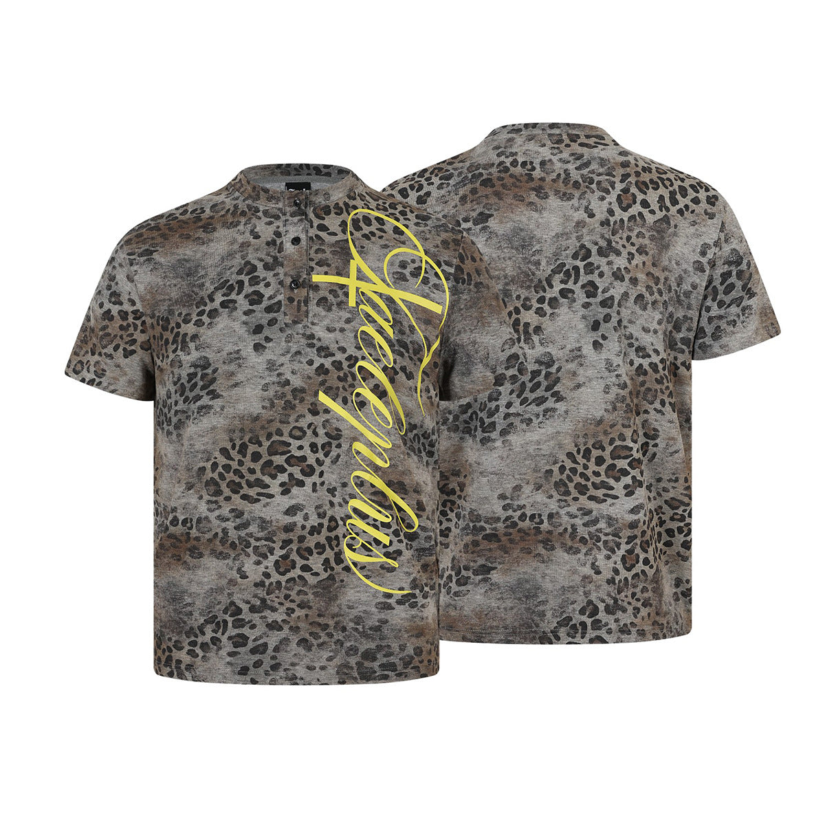 Leopard Letter Print Button Placket Short Sleeve T-Shirt