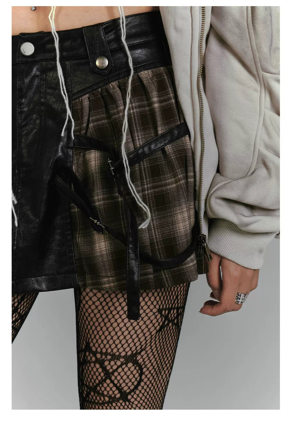 Plaid PU Leather Mix Patchwork Short Skirt