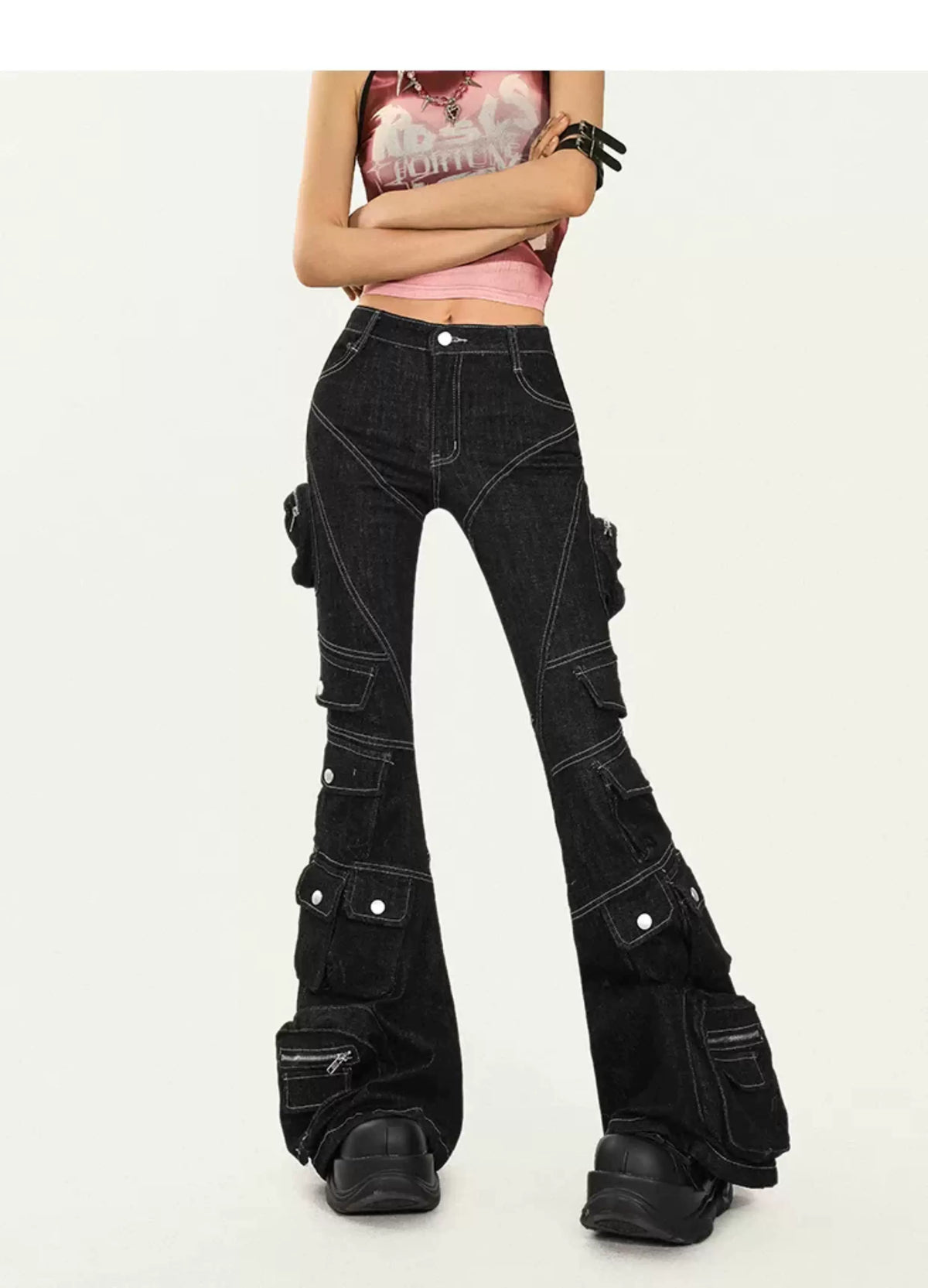 Utility Multi-Pocket Flare Cargo Denim Jeans