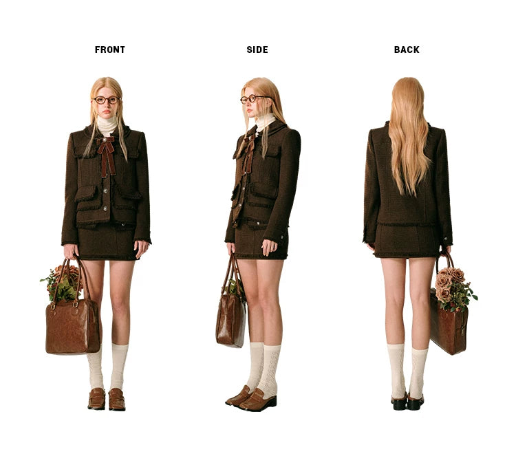 Bow Design Wool Blend Jacket & Short Skirt Setup