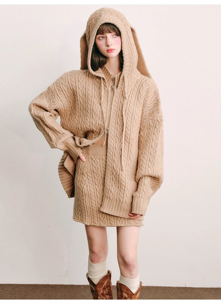 Bunny Hare Ear Hooded Zipper Knit Cardigan & Knit Skirt Setup