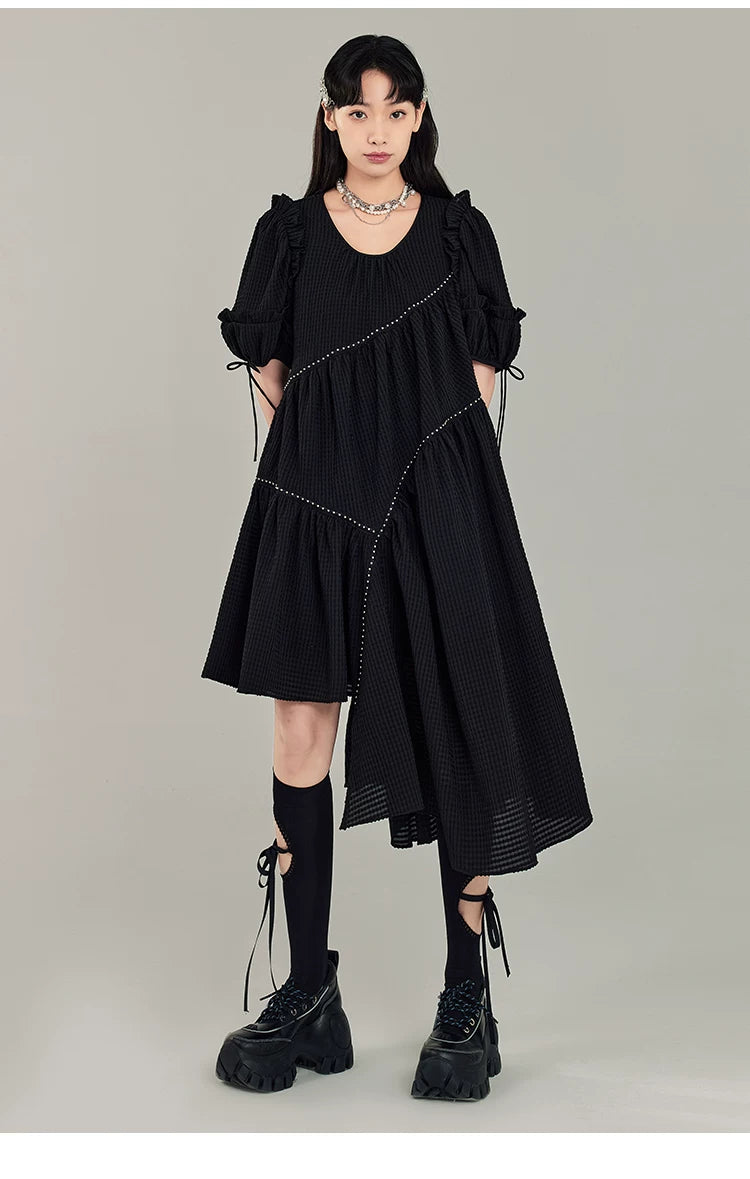 Jacquard Design Short Sleeve Dress With Irregular Hem Length