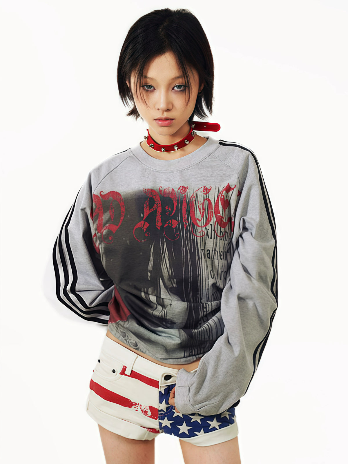 Punk Girl Graphic Gray Long Sleeve T-Shirt