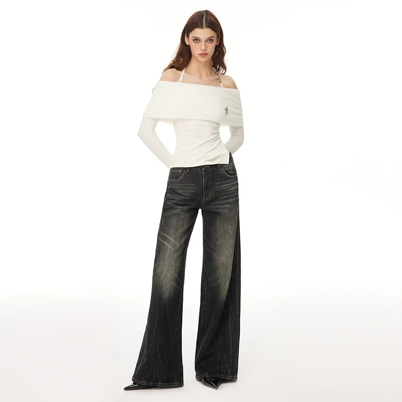 Washed Wide-Leg Buggy Denim Jeans