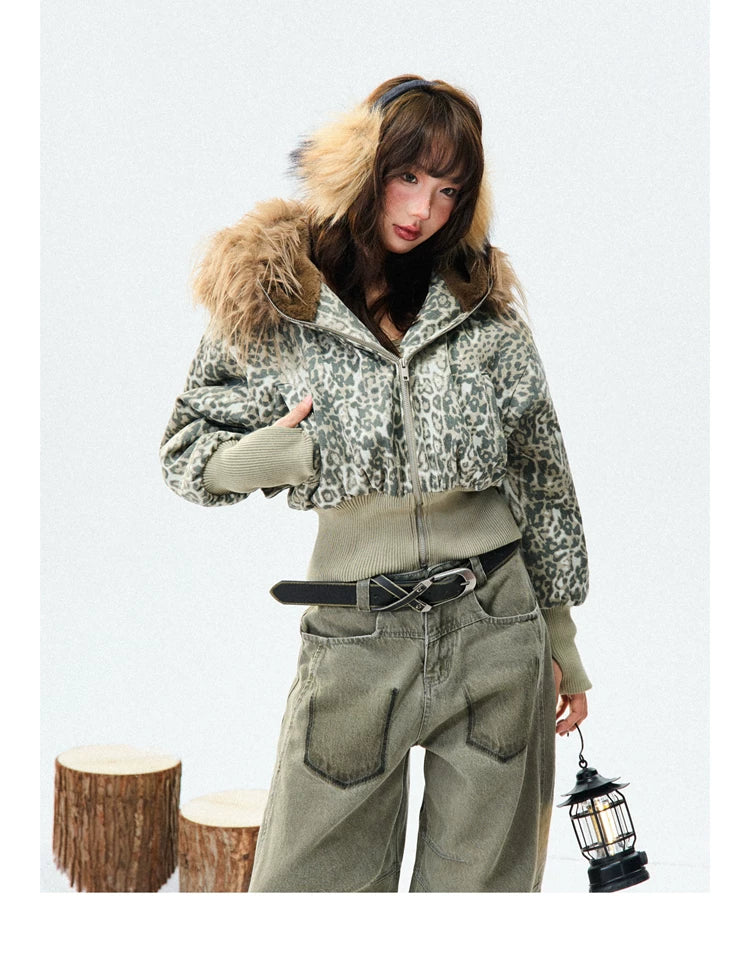 Leopard Print Fur-Trim Hood Puffer Jacket