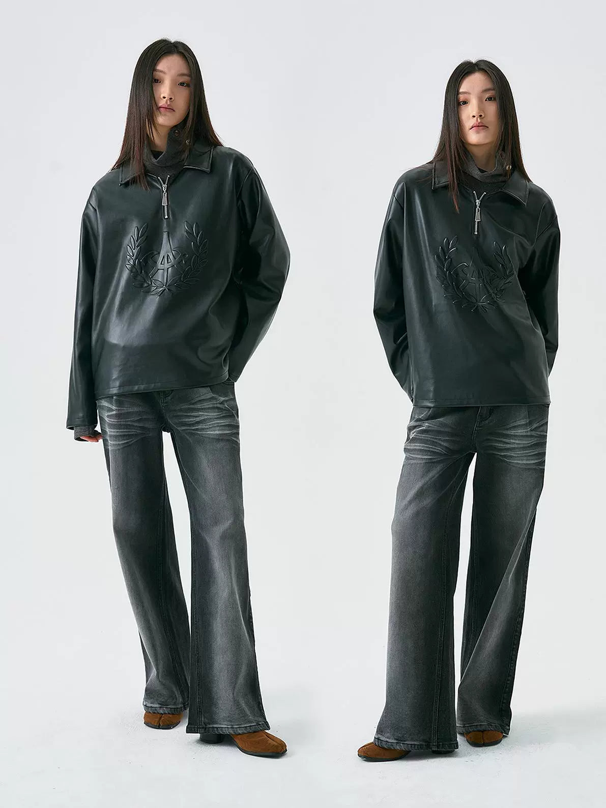 PU Leather Long Sleeve Polo Shirt
