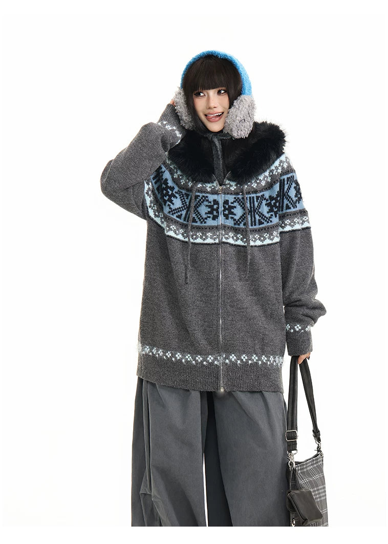 Fur Collar Fair Isle Hooded Knit Cardigan