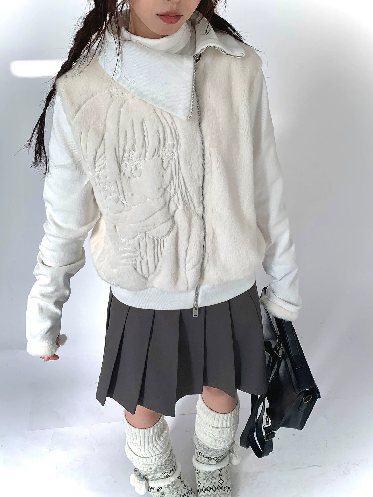 Fleece Embroidery Asymmetrical Zipper Jacket