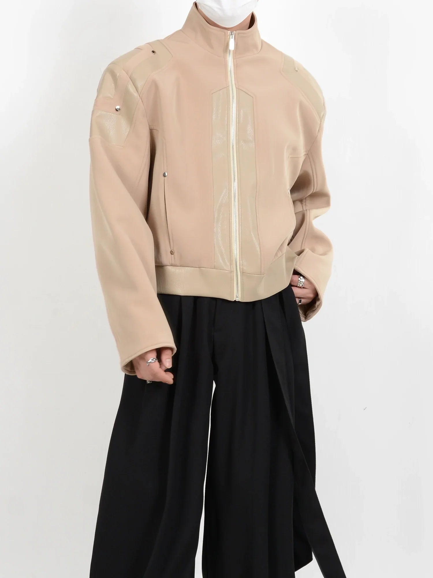 Stand Neck  PU Leather Mix Short Jacket