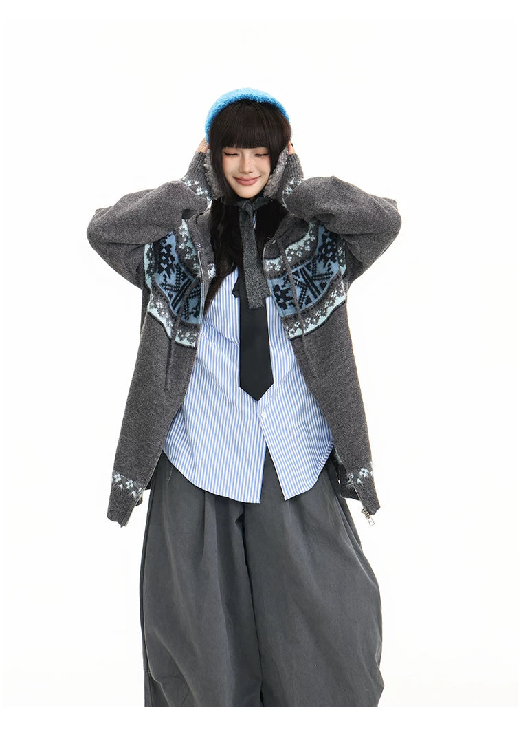 Fur Collar Fair Isle Hooded Knit Cardigan
