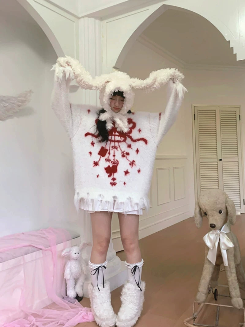 Bow Design Shaggy Knit Sweater