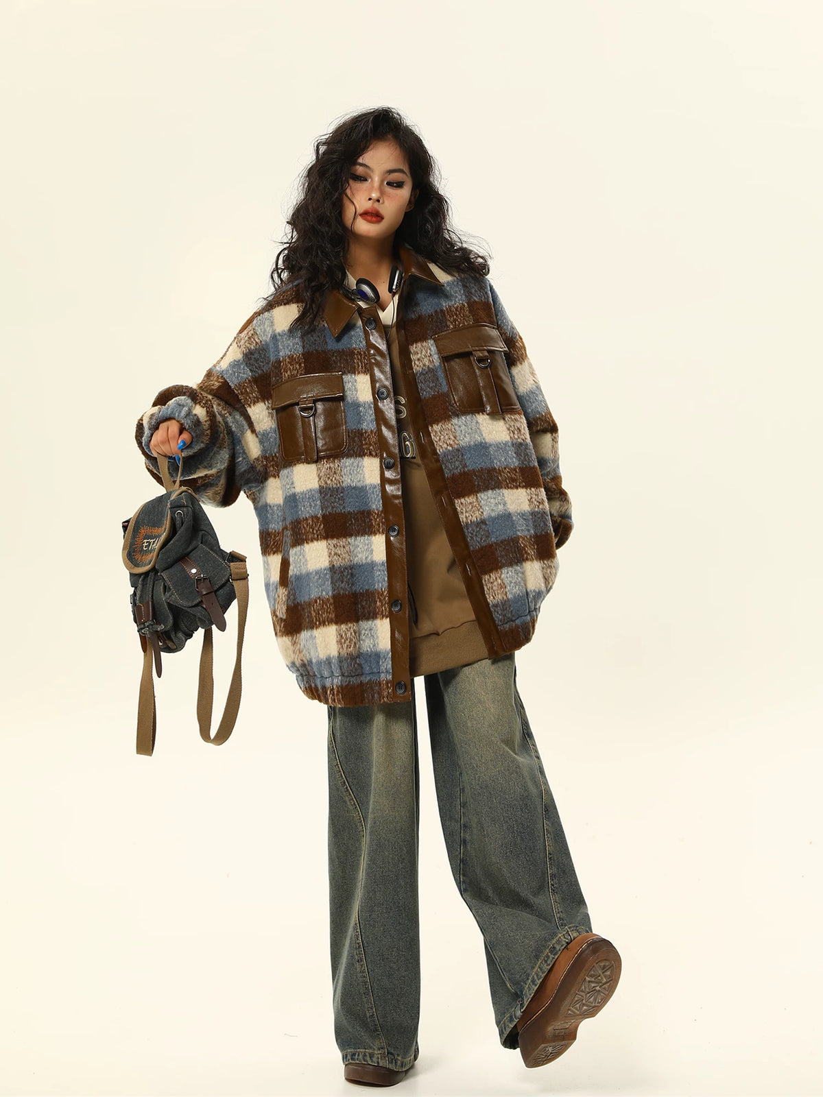PU Leather Mix Woolen Plaid Jacket