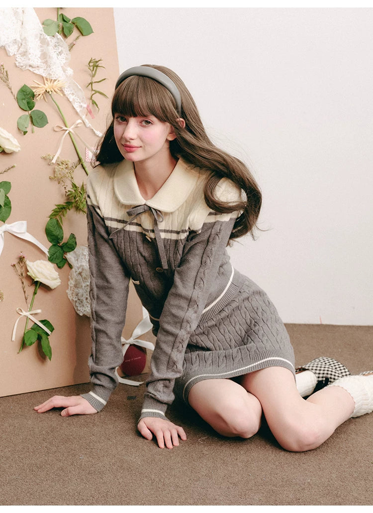 Bow Round Collar Knit Cardigan & Knit Short Skirt Setup