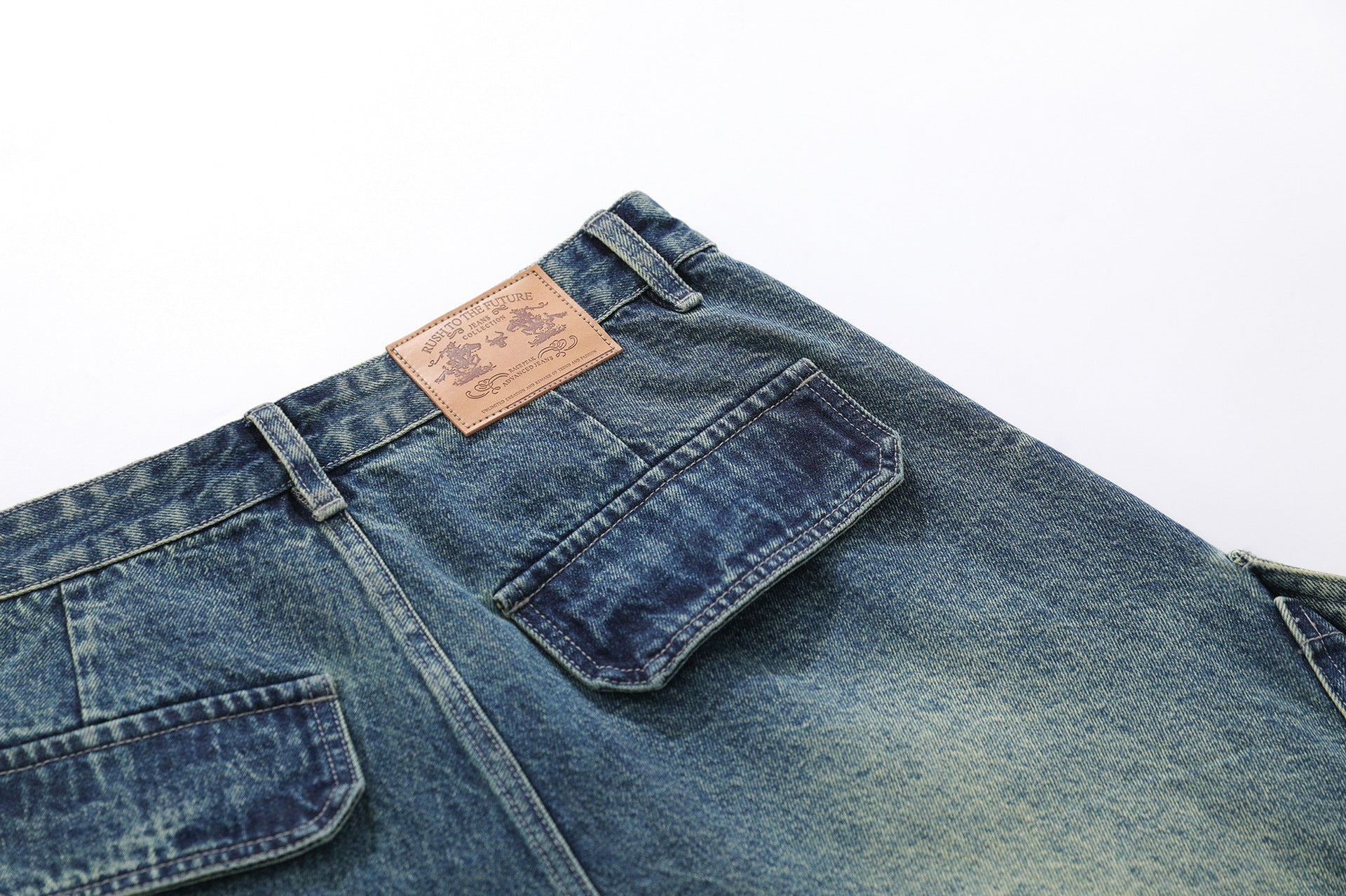 Washed Multi Pocket Letter Print Denim Jort
