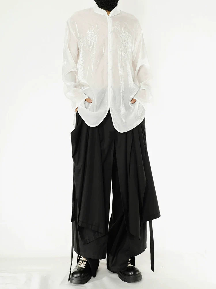Organza Floral Embroidery Standing-Collar Long Sleeve Shirt