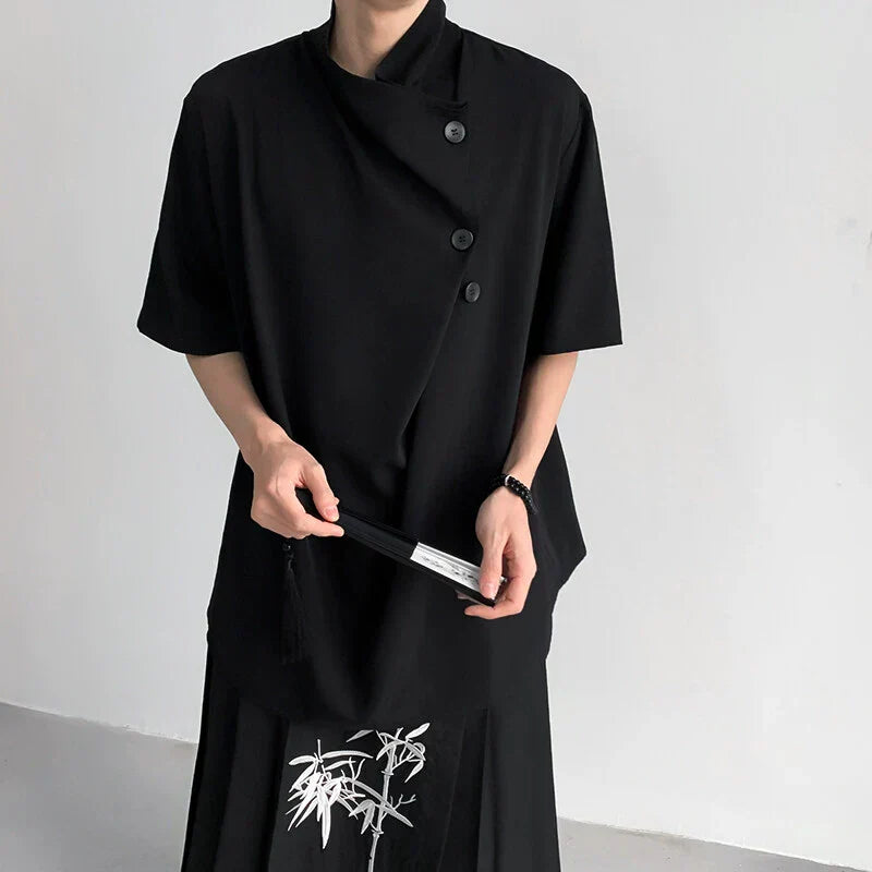 Chinese Style Asymmetrical Button Short Sleeve Shirt