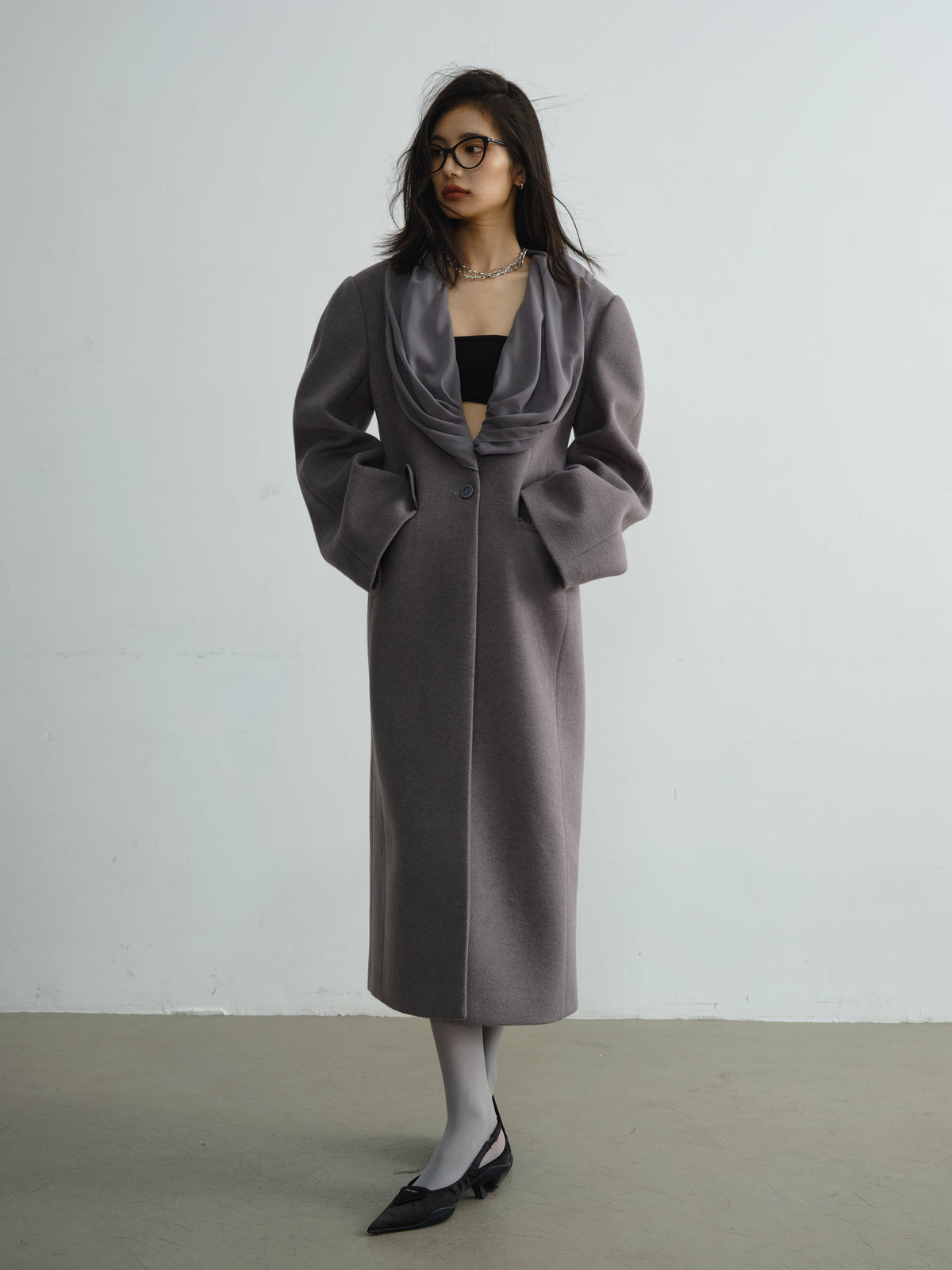 Collar Design Wool Long Coat With Scarf
