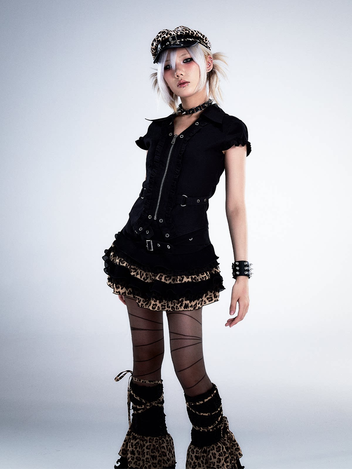 Ruffle Trim Waist-Cinching Short Zipper Shirt
