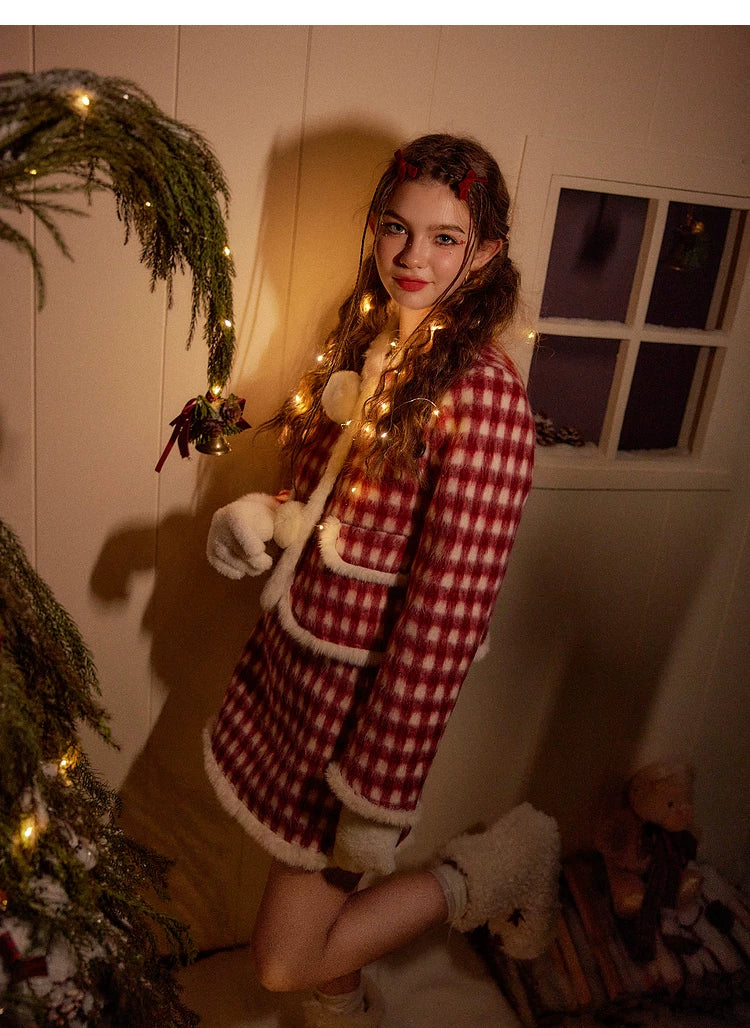 Christmas Plaid Tweed Jacket & Short Skirt Setup