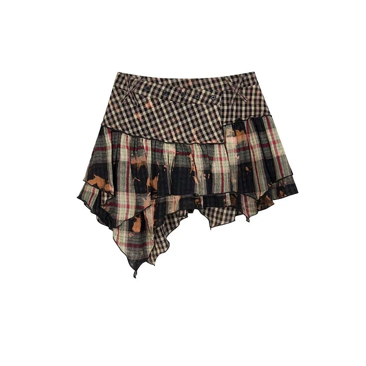 Oversize Plaid Long Sleeve Shirt & Short Skirt & Scarf Setup