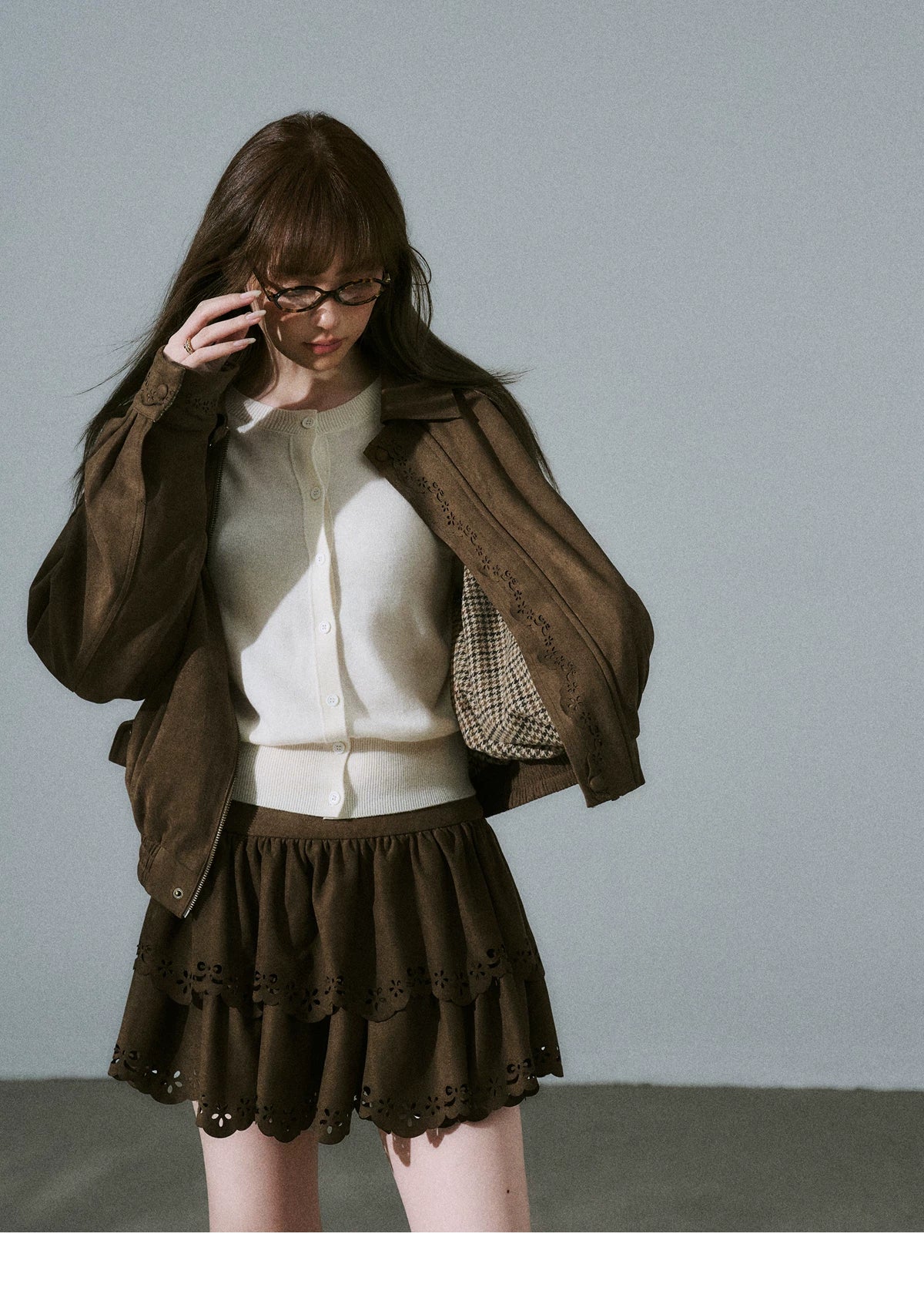 Suede Zipper Jacket & Scalloped Skirt Setup
