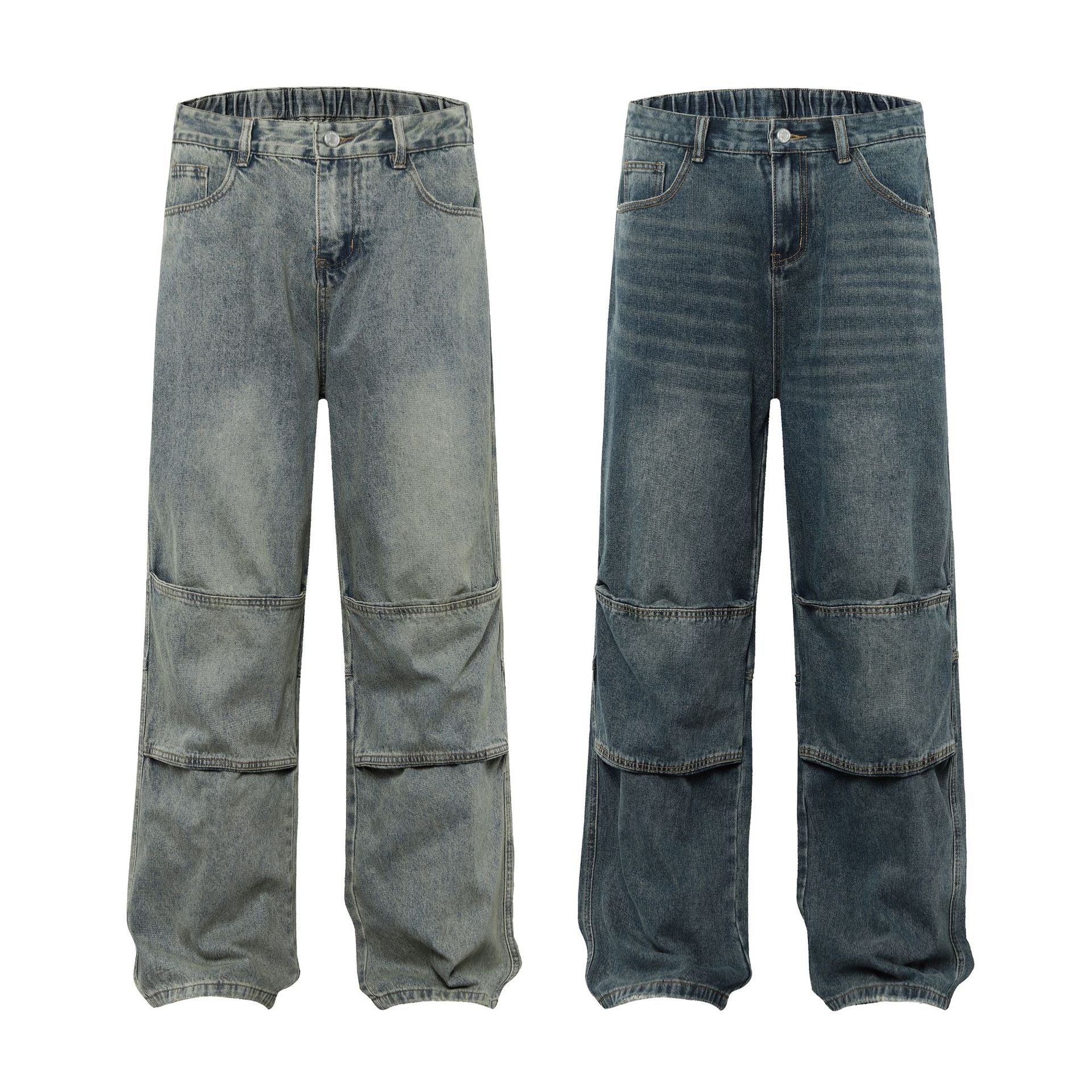 Washed Pleats Patchwork Wide Leg Denim Jeans