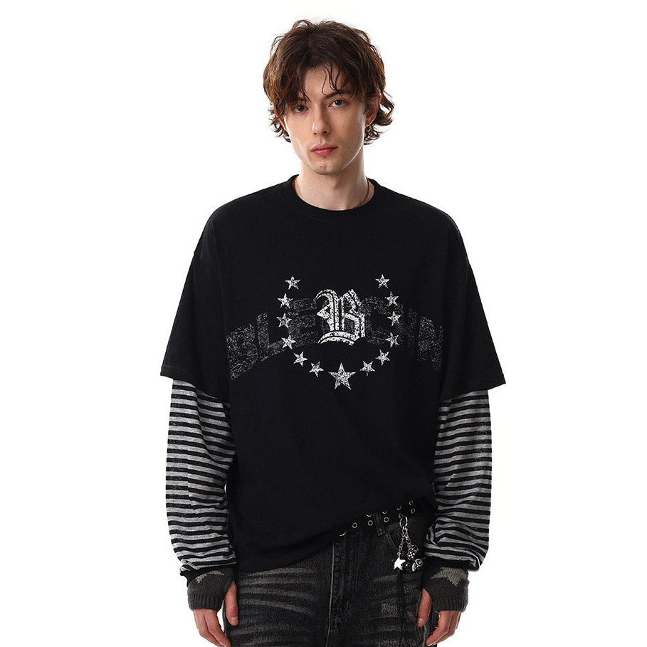 Fake Layered Stripe Star Long Sleeve T-Shirt