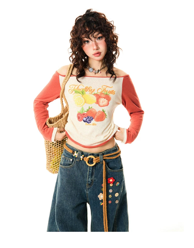 Fruit Graphic Print Off-Shoulder Fitted Long Sleeve T-Shirt