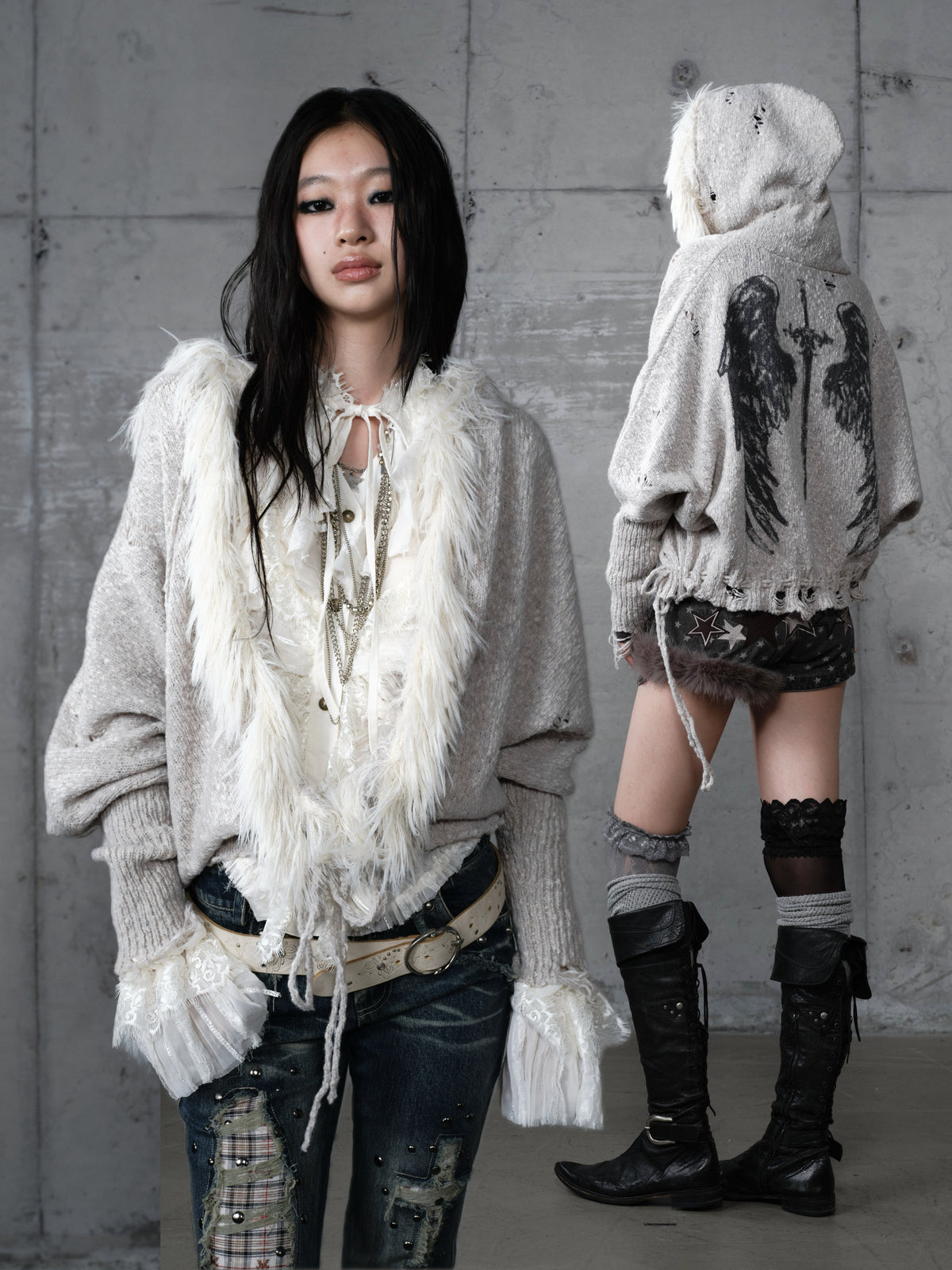 Fake Fur Trim Drawstring Oversize Knit Cardigan